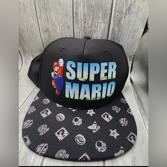 Super Mario Nintendo Baseball Cap Black Youth OSFM Snapback Flat Brim - Picture 1 of 4
